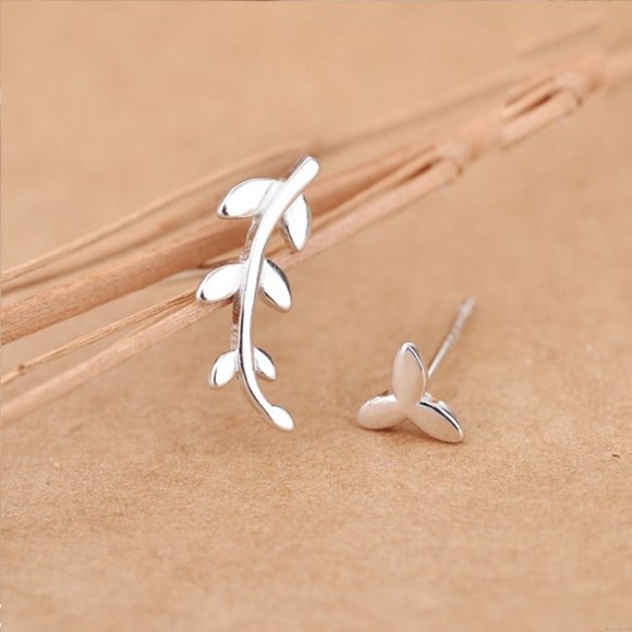 Minimalist Micro Silver Leaves Extend Olive Branch Asymmetry Studs - Picture 3 of 7